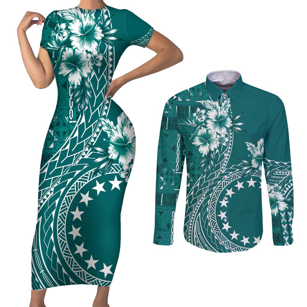 Kia Orana Cook Islands Couples Matching Short Sleeve Bodycon Dress and Long Sleeve Button Shirt Tiare and Stars - Teal