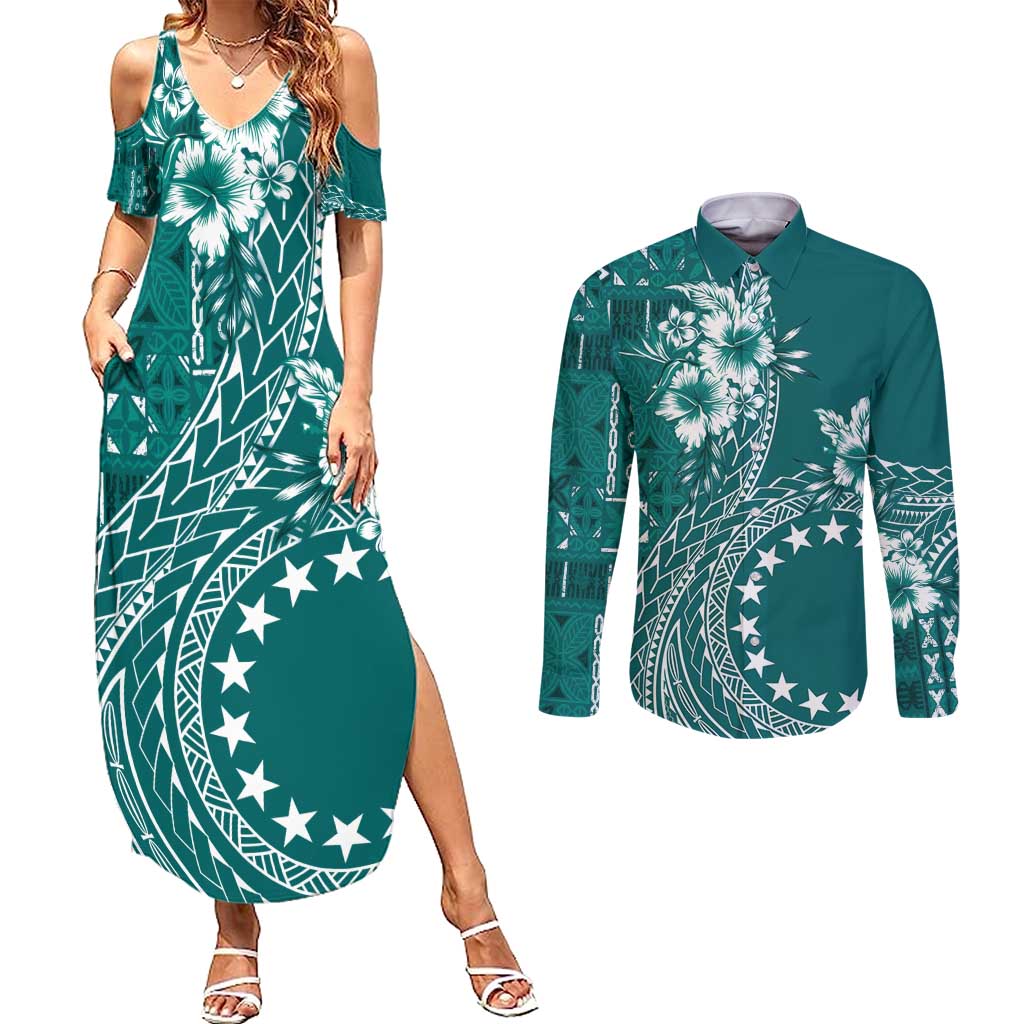 Kia Orana Cook Islands Couples Matching Summer Maxi Dress and Long Sleeve Button Shirt Tiare and Stars - Teal