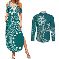 Kia Orana Cook Islands Couples Matching Summer Maxi Dress and Long Sleeve Button Shirt Tiare and Stars - Teal