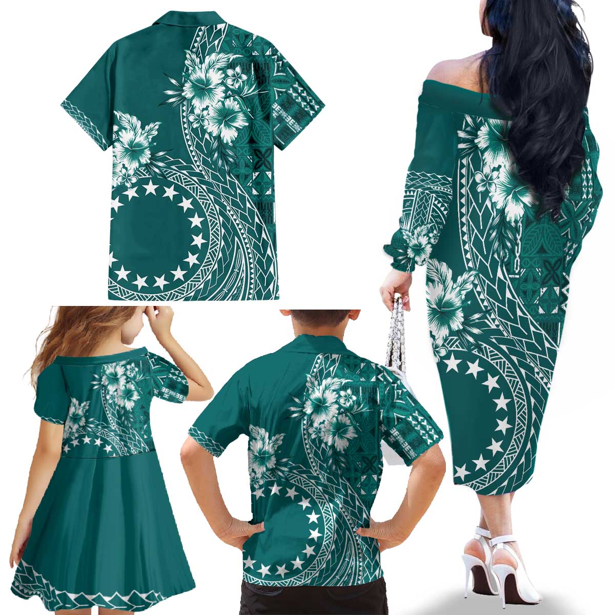 Kia Orana Cook Islands Family Matching Off The Shoulder Long Sleeve Dress and Hawaiian Shirt Tiare and Stars - Teal
