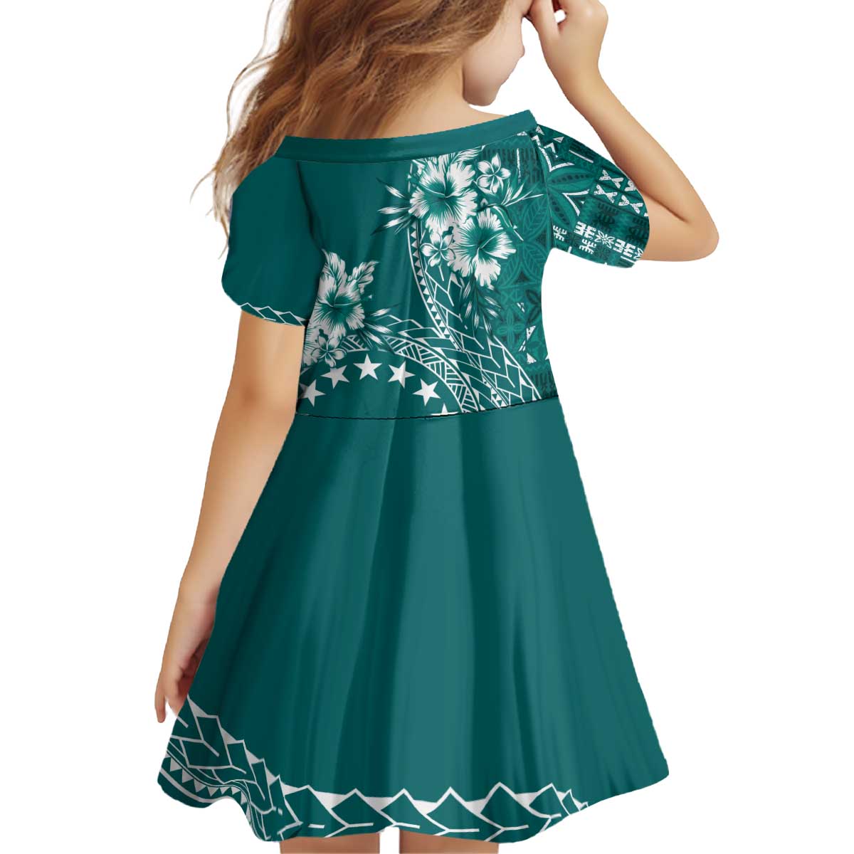 Kia Orana Cook Islands Family Matching Off Shoulder Short Dress and Hawaiian Shirt Tiare and Stars - Teal LT7 - Polynesian Pride