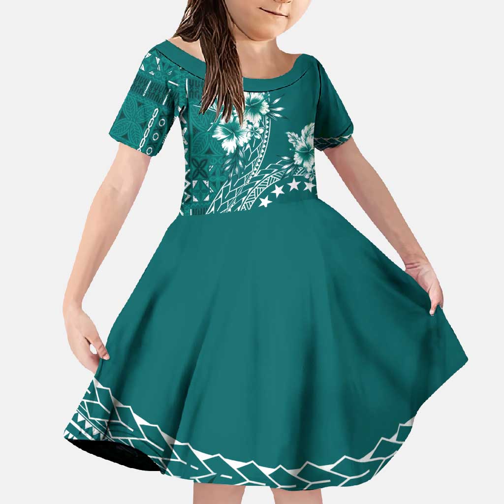 Kia Orana Cook Islands Family Matching Short Sleeve Bodycon Dress and Hawaiian Shirt Tiare and Stars - Teal