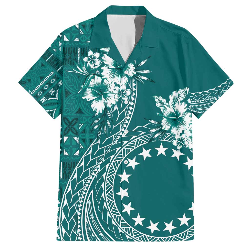 Kia Orana Cook Islands Family Matching Short Sleeve Bodycon Dress and Hawaiian Shirt Tiare and Stars - Teal