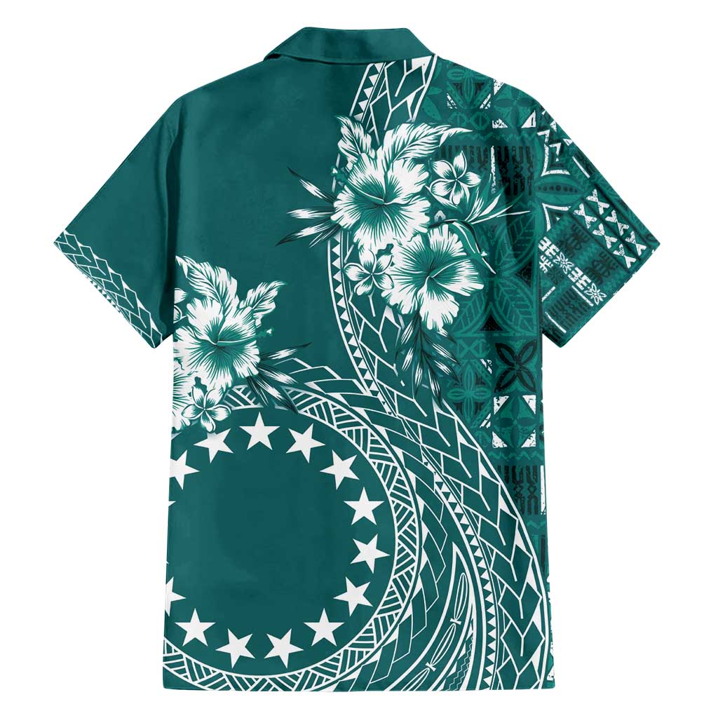 Kia Orana Cook Islands Family Matching Short Sleeve Bodycon Dress and Hawaiian Shirt Tiare and Stars - Teal