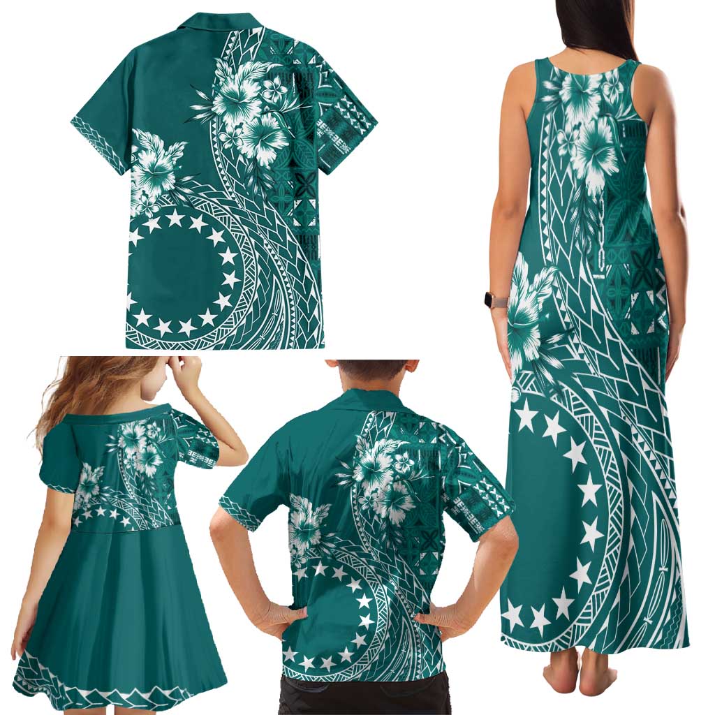 Kia Orana Cook Islands Family Matching Tank Maxi Dress and Hawaiian Shirt Tiare and Stars - Teal