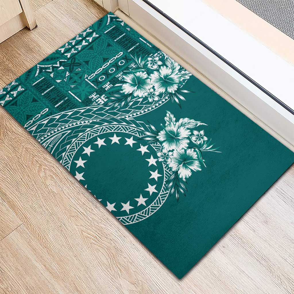 Kia Orana Cook Islands Rubber Doormat Tiare and Stars - Teal