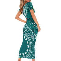 Kia Orana Cook Islands Short Sleeve Bodycon Dress Tiare and Stars - Teal