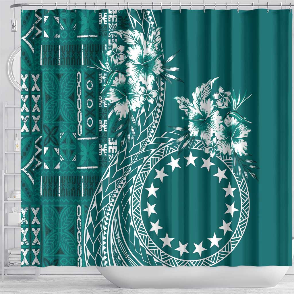 Kia Orana Cook Islands Shower Curtain Tiare and Stars - Teal