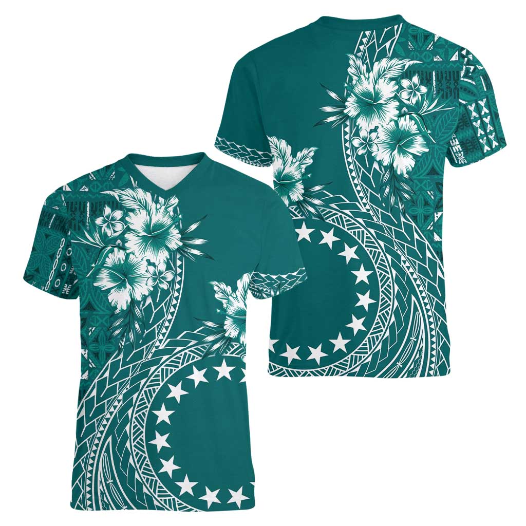 Kia Orana Cook Islands Women V-Neck T-Shirt Tiare and Stars - Teal
