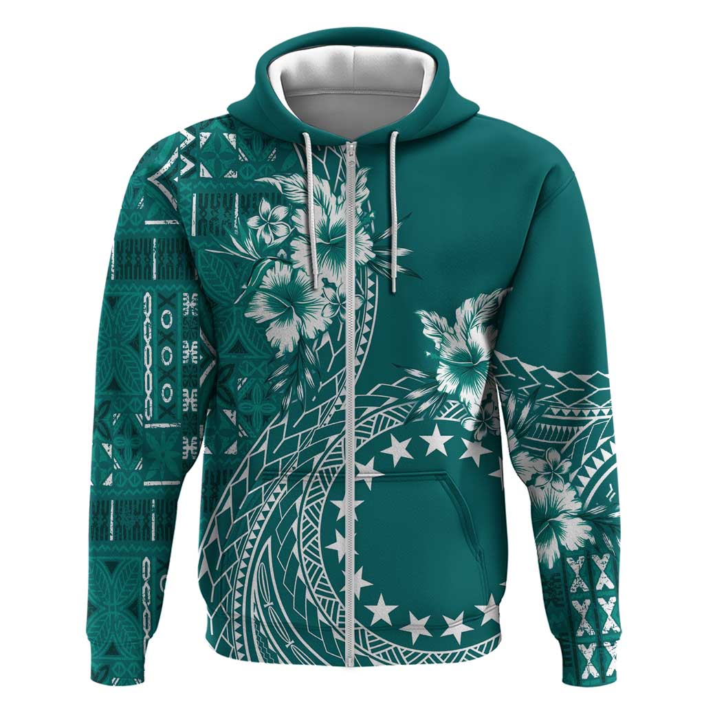 Kia Orana Cook Islands Zip Hoodie Tiare and Stars - Teal