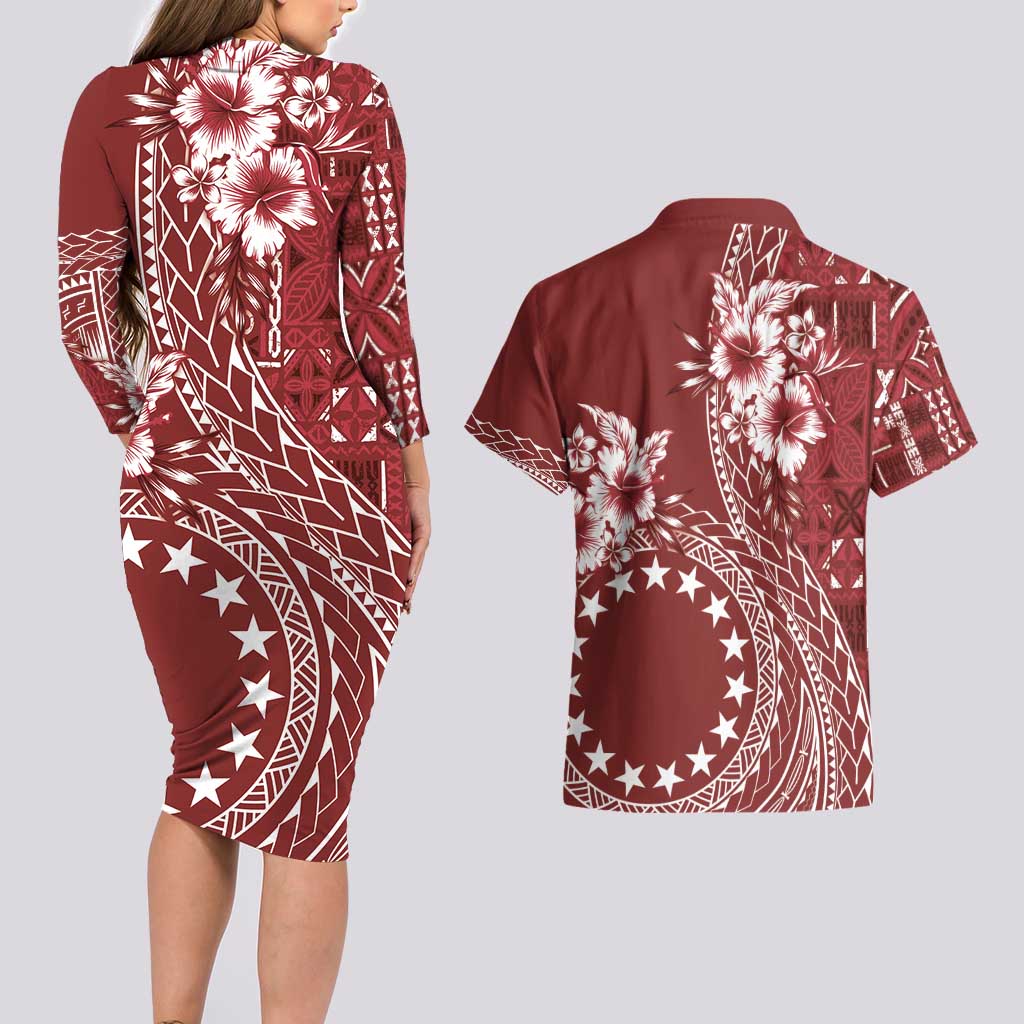 Kia Orana Cook Islands Couples Matching Long Sleeve Bodycon Dress and Hawaiian Shirt Tiare and Stars - Scarlet