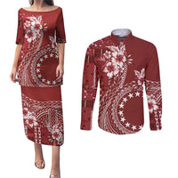 Kia Orana Cook Islands Couples Matching Puletasi and Long Sleeve Button Shirt Tiare and Stars - Scarlet