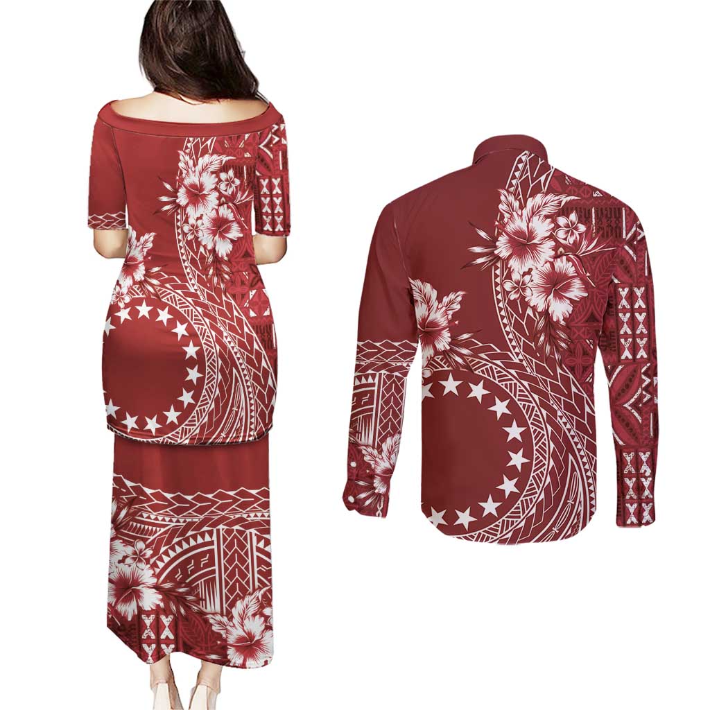 Kia Orana Cook Islands Couples Matching Puletasi and Long Sleeve Button Shirt Tiare and Stars - Scarlet