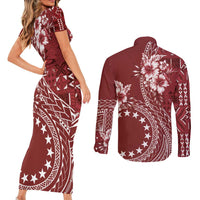 Kia Orana Cook Islands Couples Matching Short Sleeve Bodycon Dress and Long Sleeve Button Shirt Tiare and Stars - Scarlet