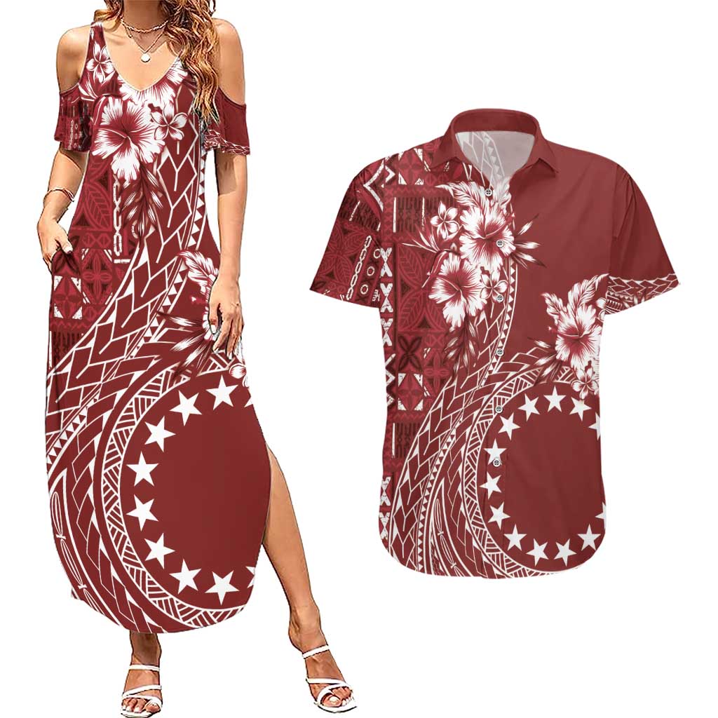 Kia Orana Cook Islands Couples Matching Summer Maxi Dress and Hawaiian Shirt Tiare and Stars - Scarlet