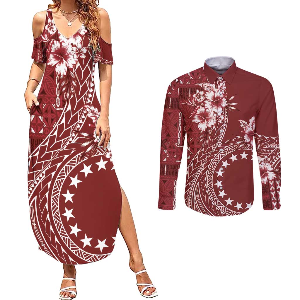 Kia Orana Cook Islands Couples Matching Summer Maxi Dress and Long Sleeve Button Shirt Tiare and Stars - Scarlet