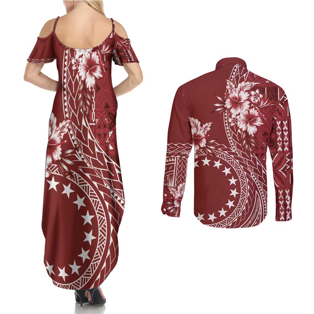 Kia Orana Cook Islands Couples Matching Summer Maxi Dress and Long Sleeve Button Shirt Tiare and Stars - Scarlet