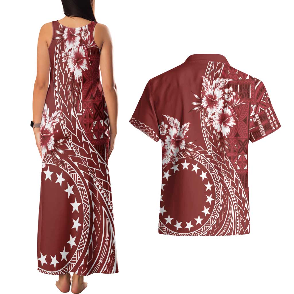 Kia Orana Cook Islands Couples Matching Tank Maxi Dress and Hawaiian Shirt Tiare and Stars - Scarlet