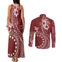 Kia Orana Cook Islands Couples Matching Tank Maxi Dress and Long Sleeve Button Shirt Tiare and Stars - Scarlet