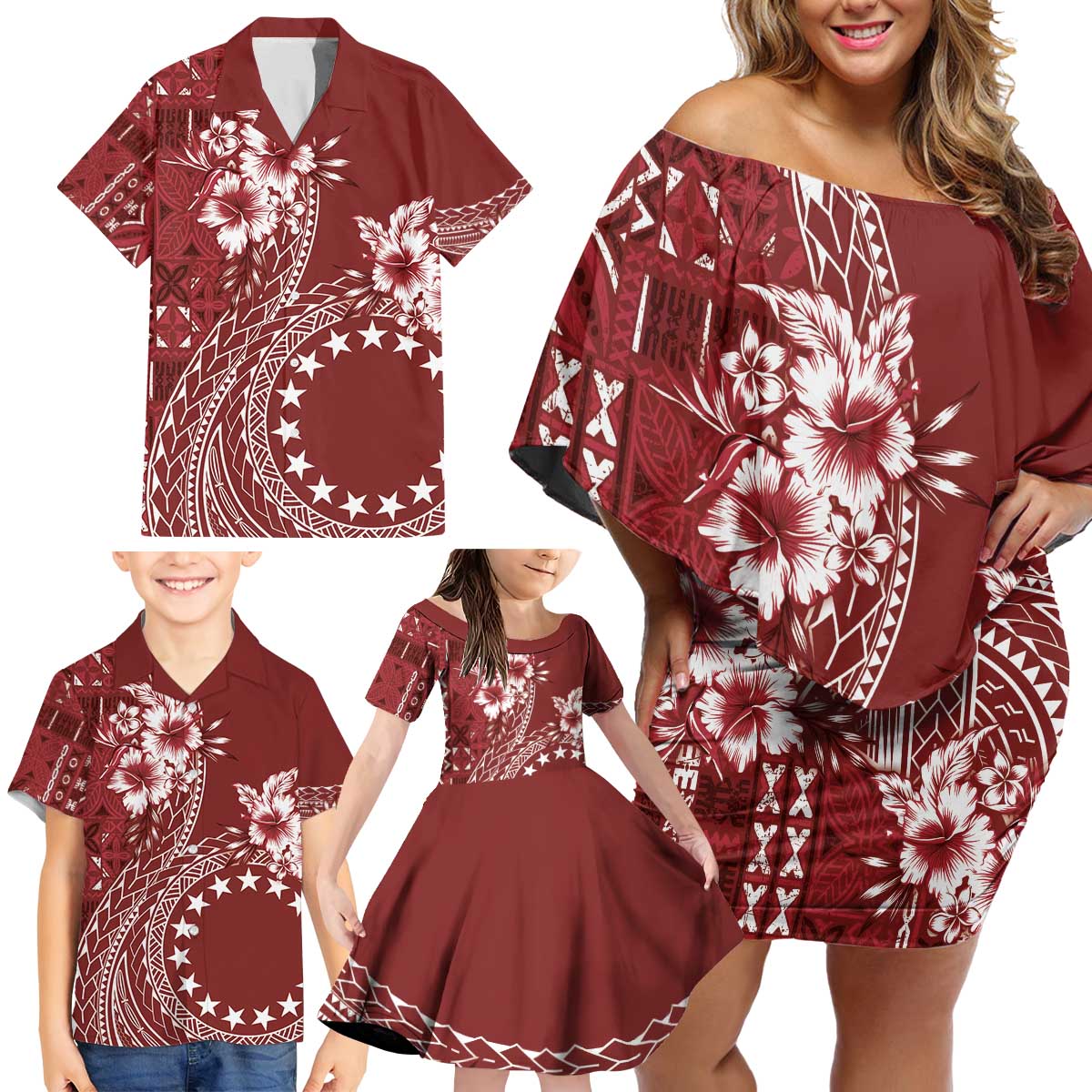 Kia Orana Cook Islands Family Matching Off Shoulder Short Dress and Hawaiian Shirt Tiare and Stars - Scarlet