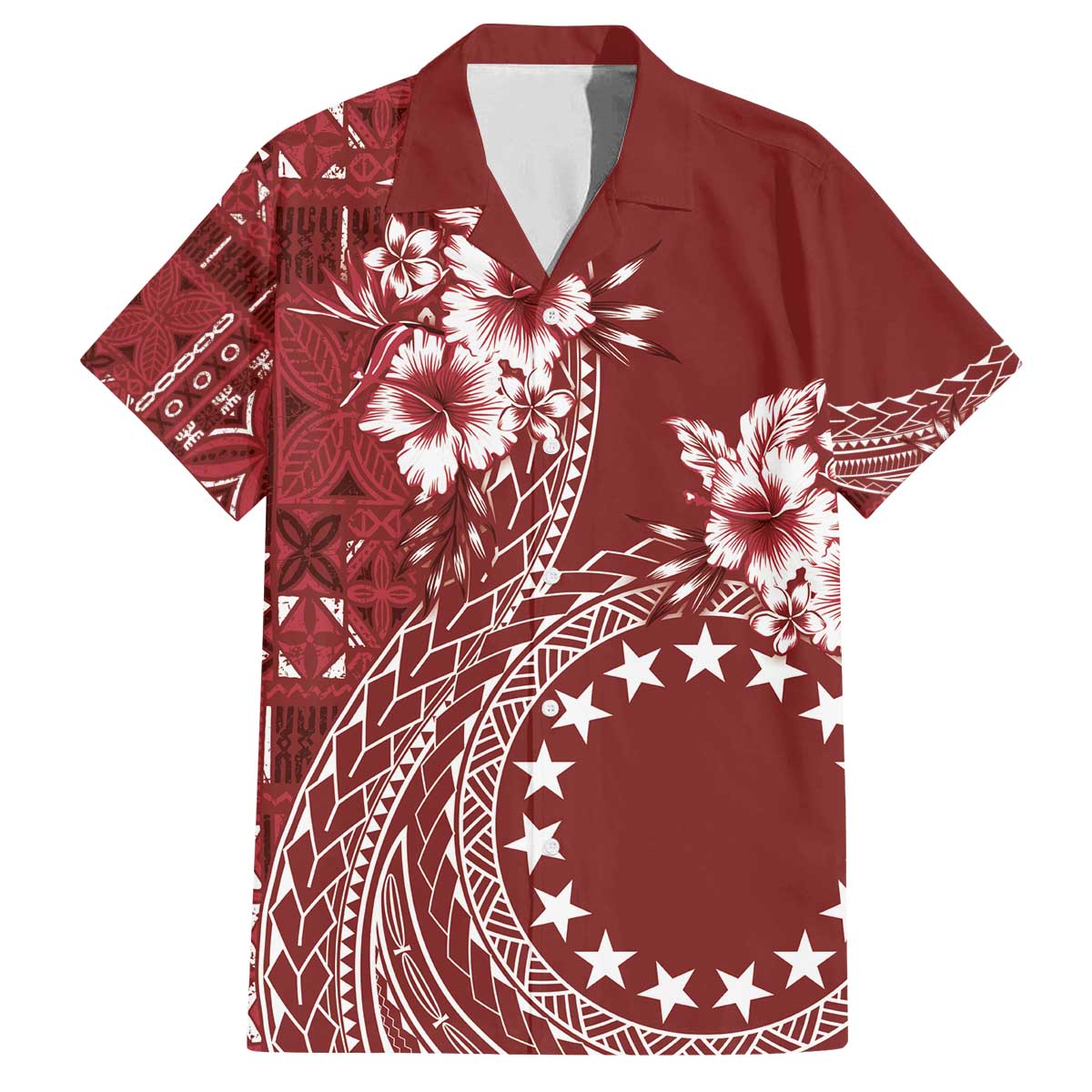 Kia Orana Cook Islands Family Matching Off Shoulder Short Dress and Hawaiian Shirt Tiare and Stars - Scarlet