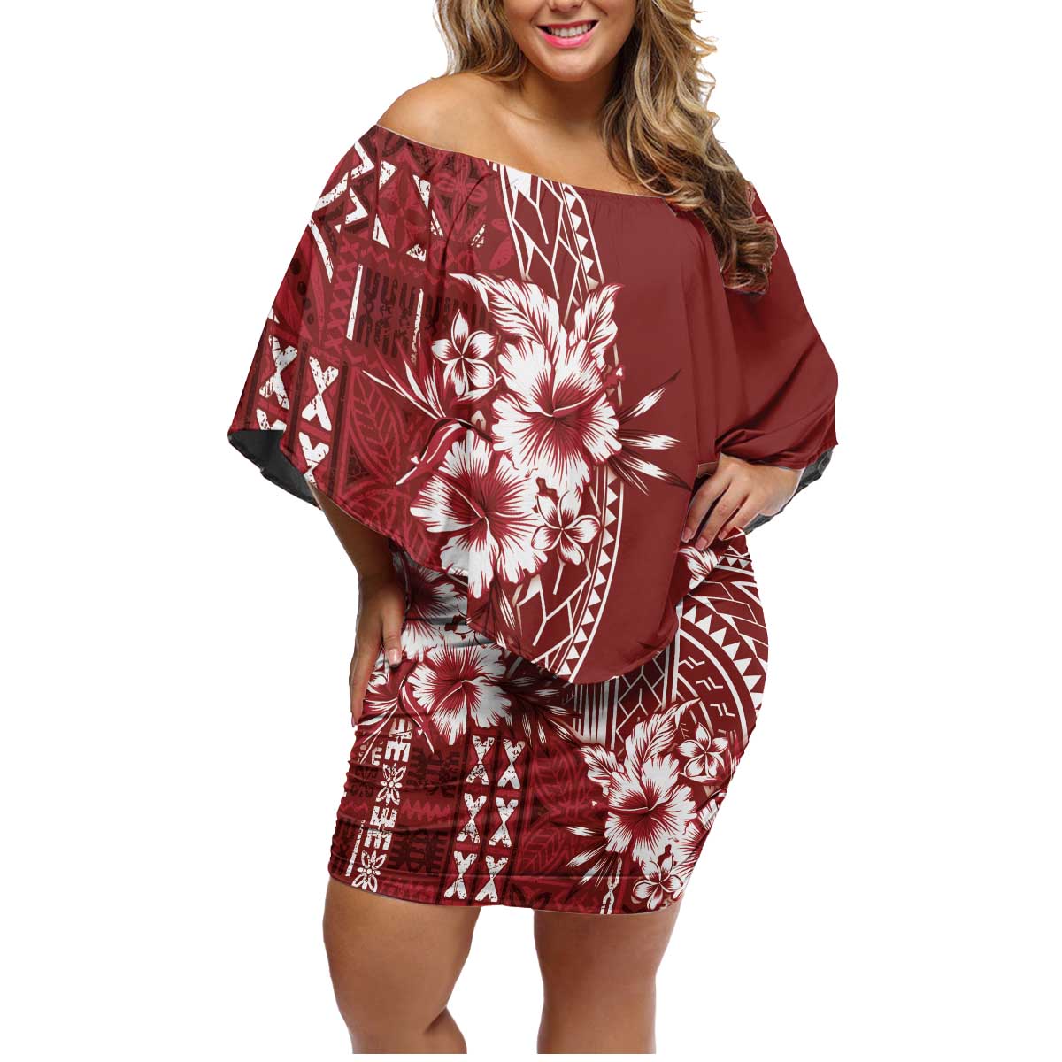 Kia Orana Cook Islands Family Matching Off Shoulder Short Dress and Hawaiian Shirt Tiare and Stars - Scarlet