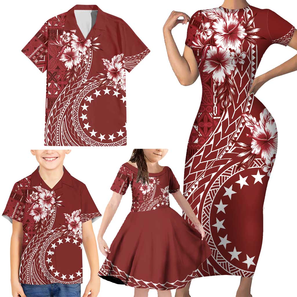 Kia Orana Cook Islands Family Matching Short Sleeve Bodycon Dress and Hawaiian Shirt Tiare and Stars - Scarlet