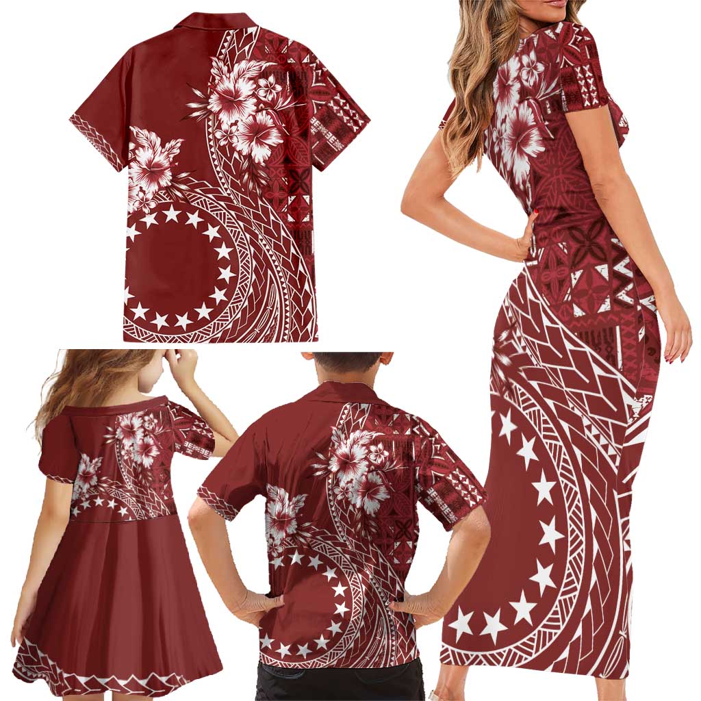 Kia Orana Cook Islands Family Matching Short Sleeve Bodycon Dress and Hawaiian Shirt Tiare and Stars - Scarlet