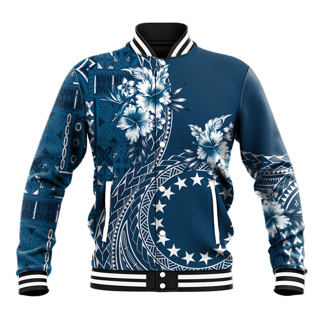 Kia Orana Cook Islands Baseball Jacket Tiare and Stars - Navy Blue