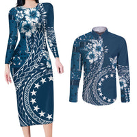 Kia Orana Cook Islands Couples Matching Long Sleeve Bodycon Dress and Long Sleeve Button Shirt Tiare and Stars - Navy Blue