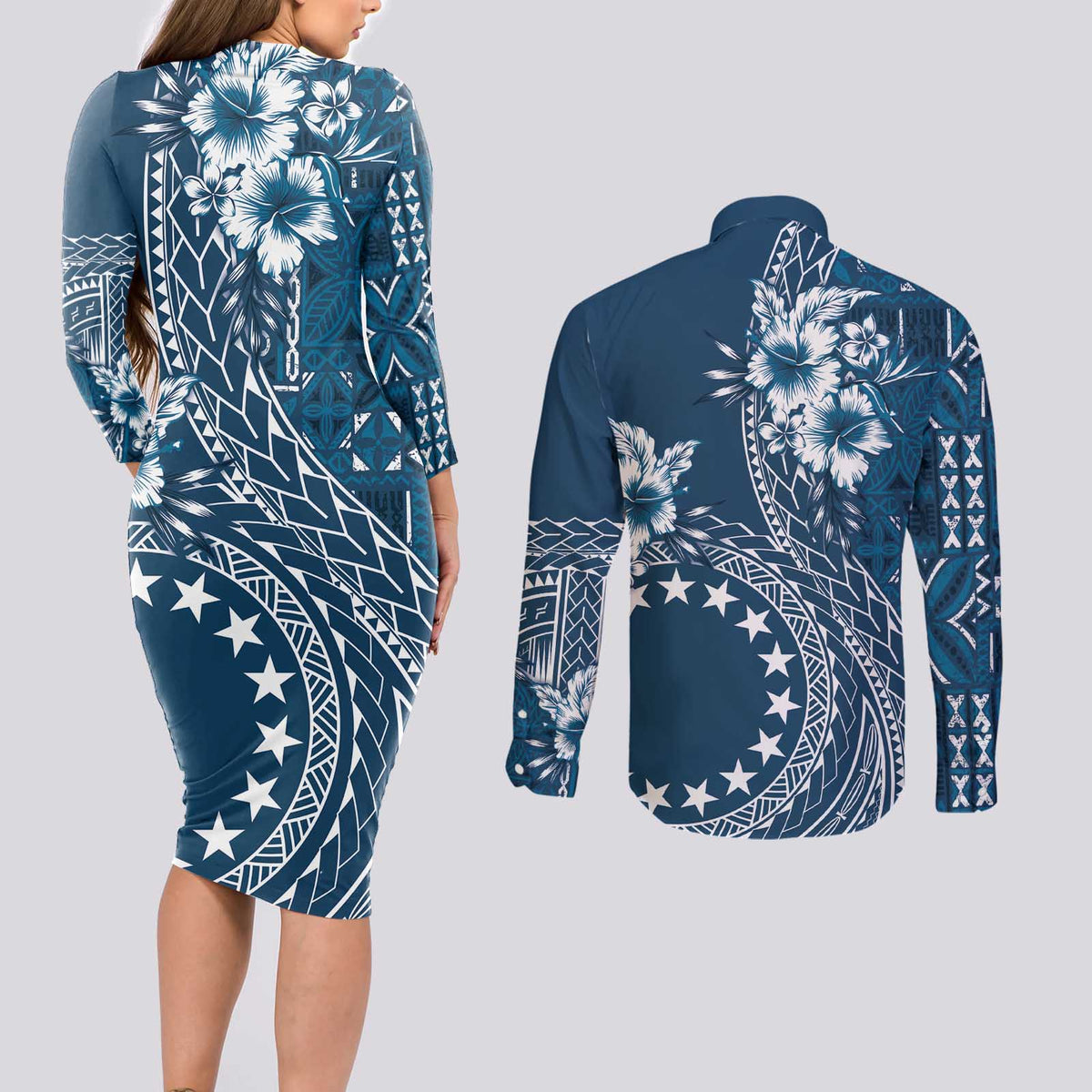Kia Orana Cook Islands Couples Matching Long Sleeve Bodycon Dress and Long Sleeve Button Shirt Tiare and Stars - Navy Blue