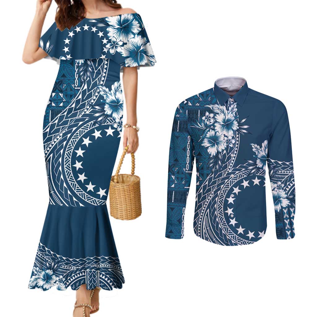 Kia Orana Cook Islands Couples Matching Mermaid Dress and Long Sleeve Button Shirt Tiare and Stars - Navy Blue