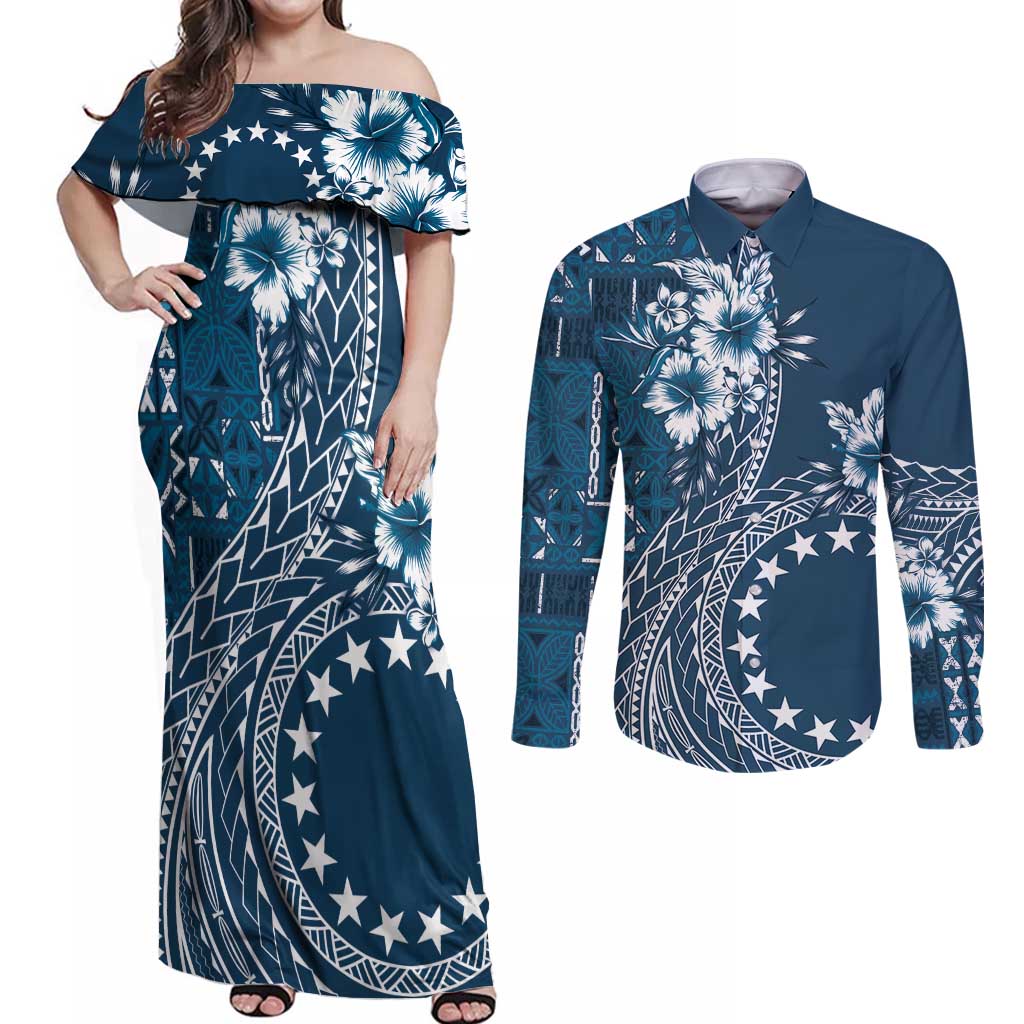 Kia Orana Cook Islands Couples Matching Off Shoulder Maxi Dress and Long Sleeve Button Shirt Tiare and Stars - Navy Blue