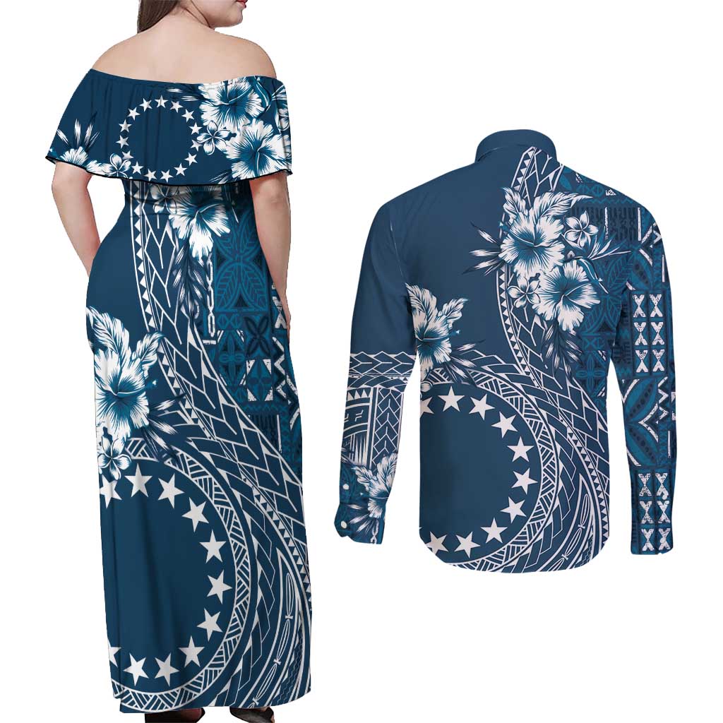 Kia Orana Cook Islands Couples Matching Off Shoulder Maxi Dress and Long Sleeve Button Shirt Tiare and Stars - Navy Blue