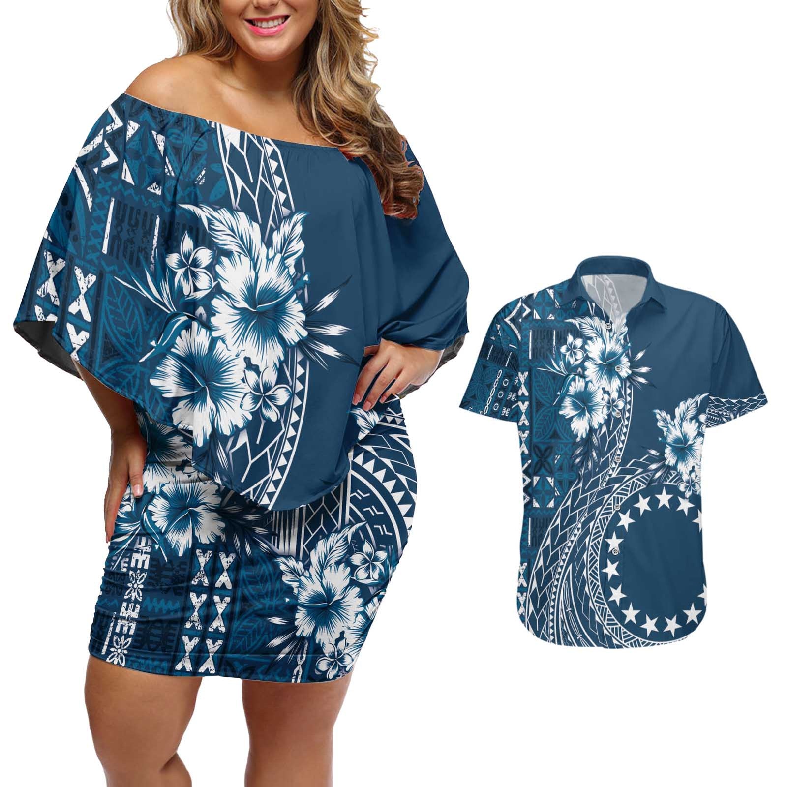 Kia Orana Cook Islands Couples Matching Off Shoulder Short Dress and Hawaiian Shirt Tiare and Stars - Navy Blue