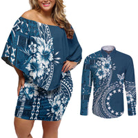 Kia Orana Cook Islands Couples Matching Off Shoulder Short Dress and Long Sleeve Button Shirt Tiare and Stars - Navy Blue