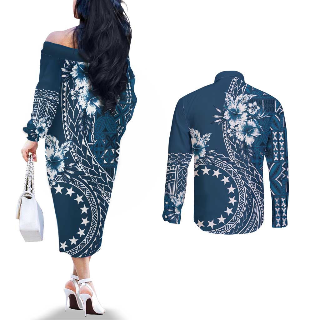 Kia Orana Cook Islands Couples Matching Off The Shoulder Long Sleeve Dress and Long Sleeve Button Shirt Tiare and Stars - Navy Blue