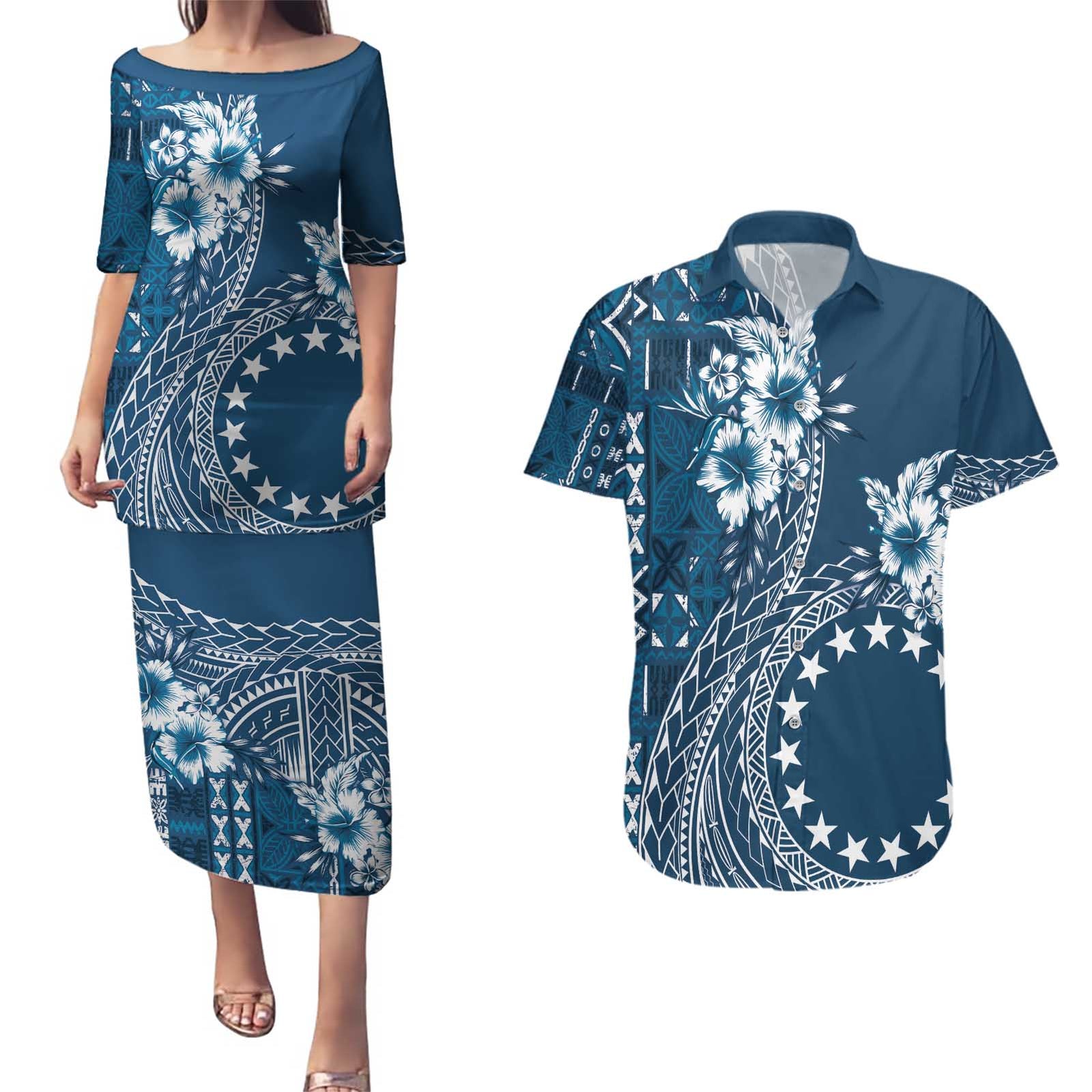 Kia Orana Cook Islands Couples Matching Puletasi and Hawaiian Shirt Tiare and Stars - Navy Blue