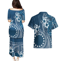Kia Orana Cook Islands Couples Matching Puletasi and Hawaiian Shirt Tiare and Stars - Navy Blue