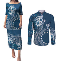 Kia Orana Cook Islands Couples Matching Puletasi and Long Sleeve Button Shirt Tiare and Stars - Navy Blue