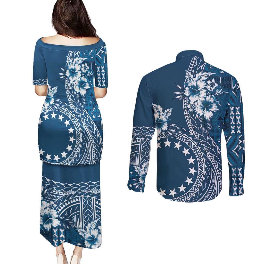 Kia Orana Cook Islands Couples Matching Puletasi and Long Sleeve Button Shirt Tiare and Stars - Navy Blue
