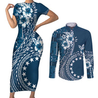 Kia Orana Cook Islands Couples Matching Short Sleeve Bodycon Dress and Long Sleeve Button Shirt Tiare and Stars - Navy Blue