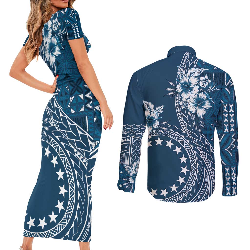 Kia Orana Cook Islands Couples Matching Short Sleeve Bodycon Dress and Long Sleeve Button Shirt Tiare and Stars - Navy Blue