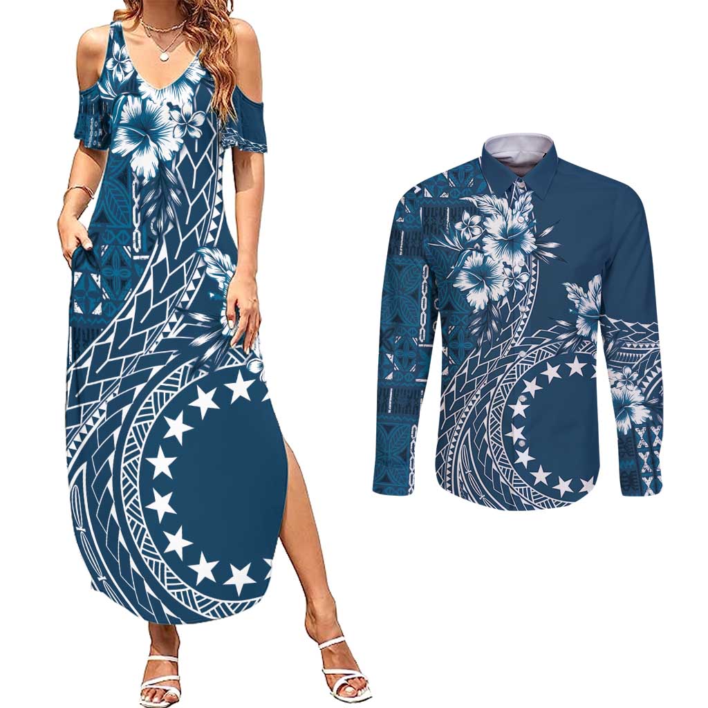 Kia Orana Cook Islands Couples Matching Summer Maxi Dress and Long Sleeve Button Shirt Tiare and Stars - Navy Blue