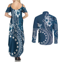 Kia Orana Cook Islands Couples Matching Summer Maxi Dress and Long Sleeve Button Shirt Tiare and Stars - Navy Blue
