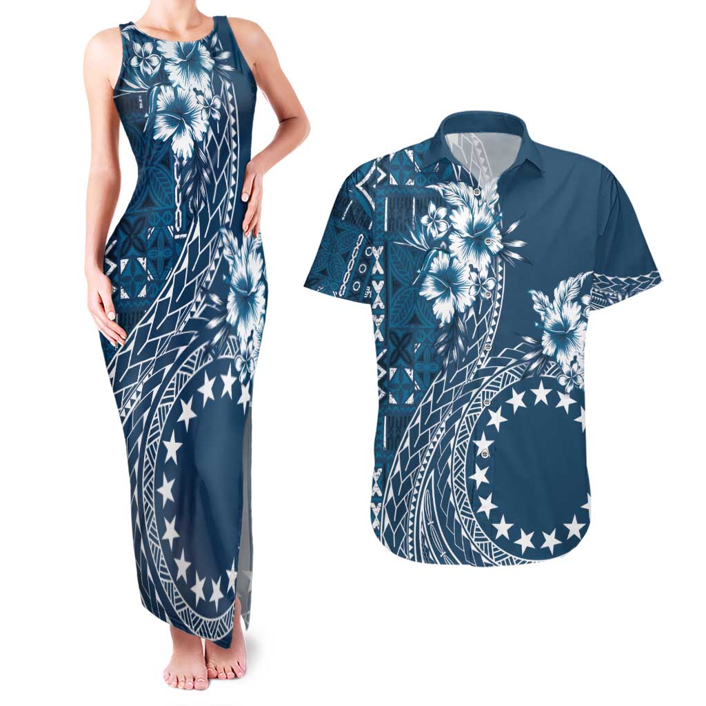 Kia Orana Cook Islands Couples Matching Tank Maxi Dress and Hawaiian Shirt Tiare and Stars - Navy Blue
