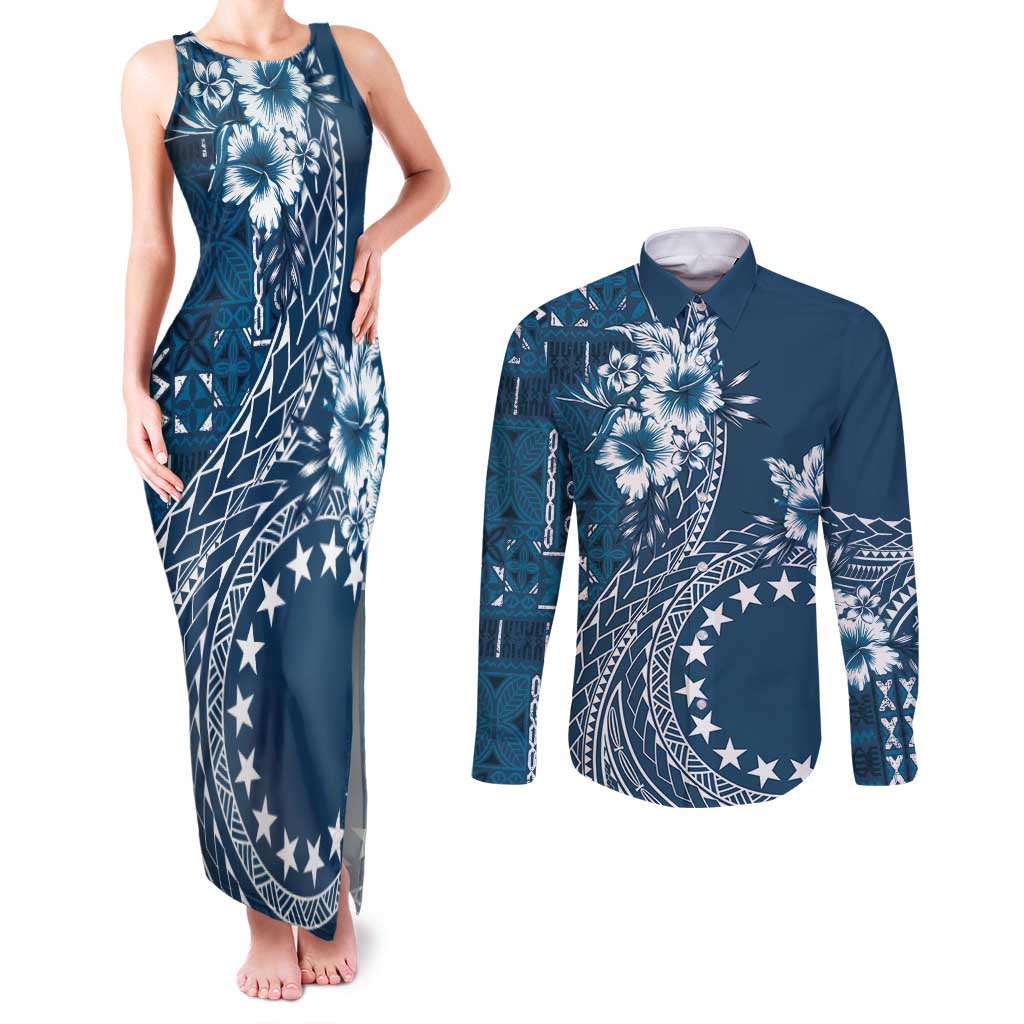Kia Orana Cook Islands Couples Matching Tank Maxi Dress and Long Sleeve Button Shirt Tiare and Stars - Navy Blue