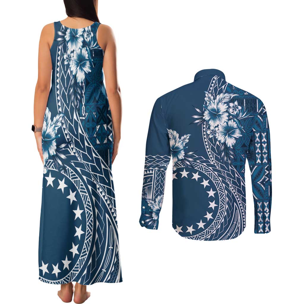 Kia Orana Cook Islands Couples Matching Tank Maxi Dress and Long Sleeve Button Shirt Tiare and Stars - Navy Blue