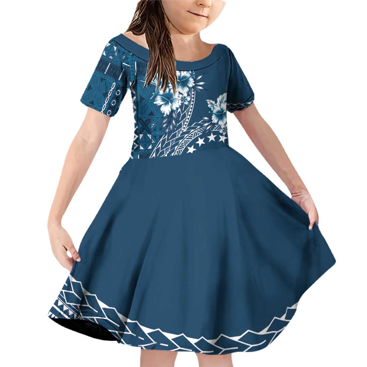 Kia Orana Cook Islands Family Matching Off Shoulder Short Dress and Hawaiian Shirt Tiare and Stars - Navy Blue