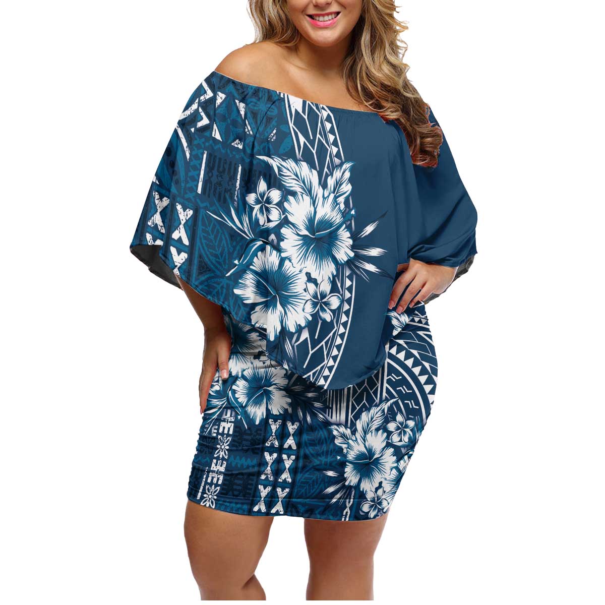 Kia Orana Cook Islands Family Matching Off Shoulder Short Dress and Hawaiian Shirt Tiare and Stars - Navy Blue
